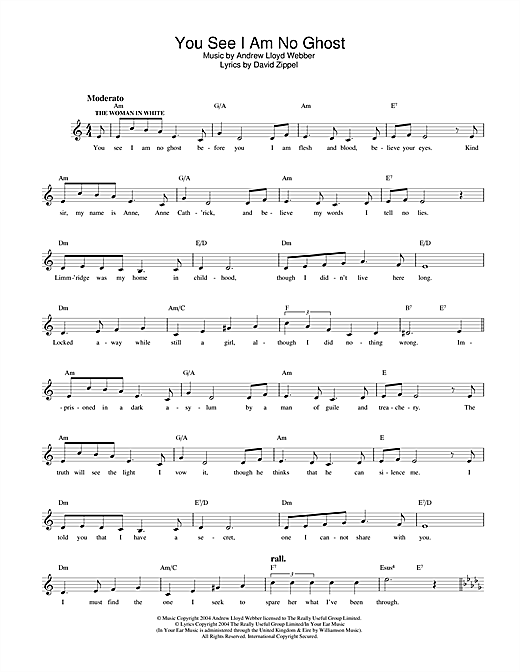 Preview Andrew Lloyd Webber You See I Am No Ghost (from The Woman In White) Musicals sheet music, notes and chords for Melody Line, Lyrics & Chords, SKU: 33663 sheet music, piano notes, chords, guitar tabs, score, transpose, transcribe, how to play, guide, download, learn, tutorial, progression, song, artist, awards, billboard, mtv, vh1, tour, single, album, release