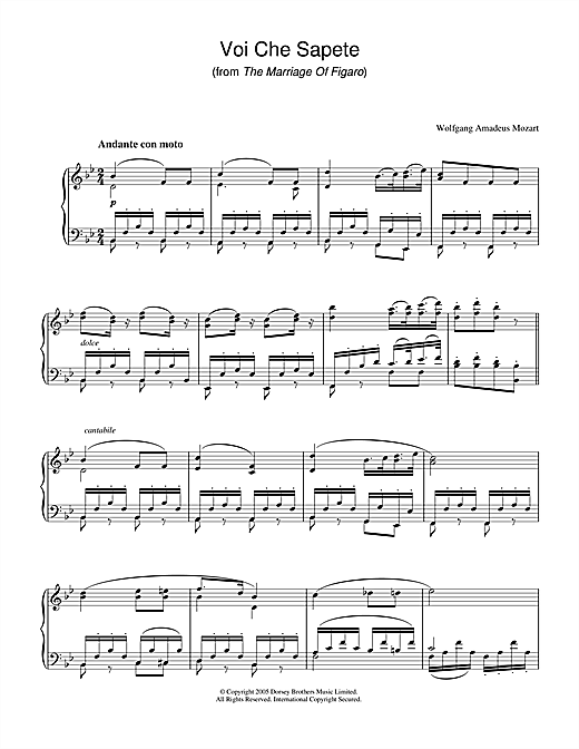 Preview Wolfgang Amadeus Mozart Voi Che Sapete (from The Marriage Of Figaro) Classical sheet music, notes and chords for Piano, SKU: 33665 sheet music, piano notes, chords, guitar tabs, score, transpose, transcribe, how to play, guide, download, learn, tutorial, progression, song, artist, awards, billboard, mtv, vh1, tour, single, album, release