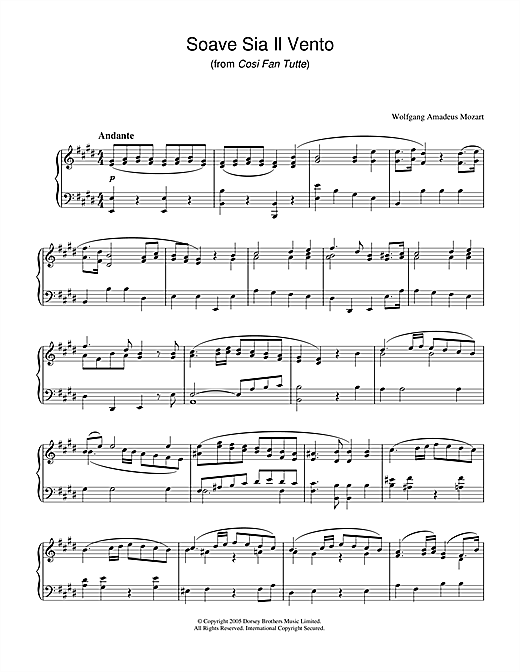 Preview Wolfgang Amadeus Mozart Soave Sia Il Vento (from Cosi Fan Tutte) Classical sheet music, notes and chords for Piano, SKU: 33669 sheet music, piano notes, chords, guitar tabs, score, transpose, transcribe, how to play, guide, download, learn, tutorial, progression, song, artist, awards, billboard, mtv, vh1, tour, single, album, release