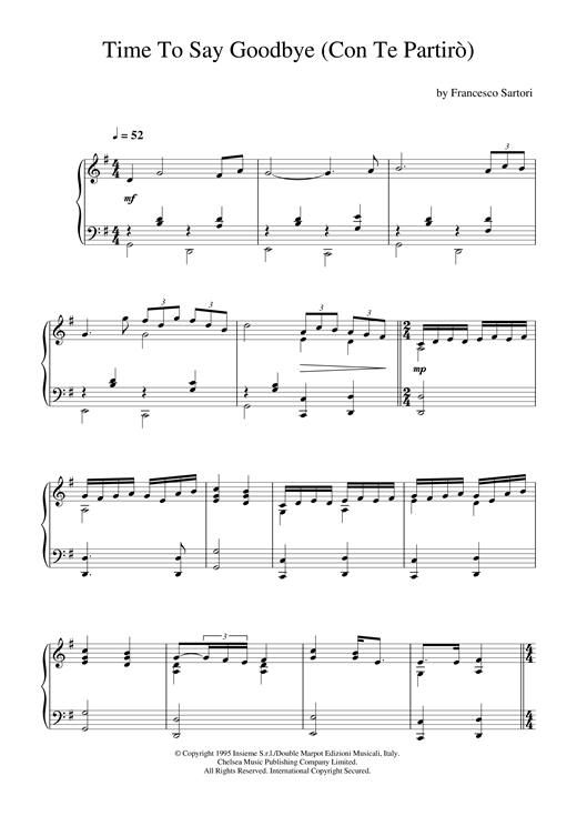 Preview Lucio Quarantotto Time To Say Goodbye (Con Te Partiro) Pop sheet music, notes and chords for Piano, SKU: 33674 sheet music, piano notes, chords, guitar tabs, score, transpose, transcribe, how to play, guide, download, learn, tutorial, progression, song, artist, awards, billboard, mtv, vh1, tour, single, album, release