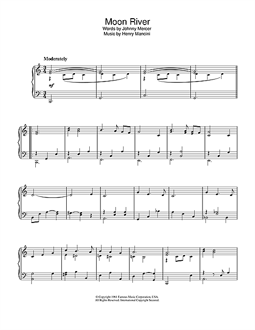 Preview Henry Mancini Moon River (from Breakfast At Tiffany's) Film and TV sheet music, notes and chords for Piano, SKU: 33675 sheet music, piano notes, chords, guitar tabs, score, transpose, transcribe, how to play, guide, download, learn, tutorial, progression, song, artist, awards, billboard, mtv, vh1, tour, single, album, release