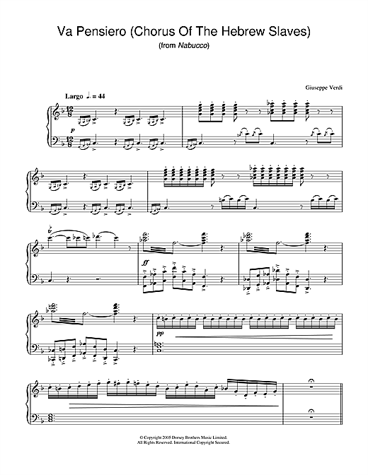 Preview Giuseppe Verdi Va, Pensiero (Chorus Of The Hebrew Slaves) (from Nabucco) Classical sheet music, notes and chords for Piano, SKU: 33689 sheet music, piano notes, chords, guitar tabs, score, transpose, transcribe, how to play, guide, download, learn, tutorial, progression, song, artist, awards, billboard, mtv, vh1, tour, single, album, release