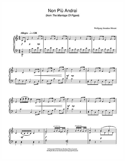 Preview Wolfgang Amadeus Mozart Non Più Andrai (from The Marriage Of Figaro) Classical sheet music, notes and chords for Piano, SKU: 33693 sheet music, piano notes, chords, guitar tabs, score, transpose, transcribe, how to play, guide, download, learn, tutorial, progression, song, artist, awards, billboard, mtv, vh1, tour, single, album, release