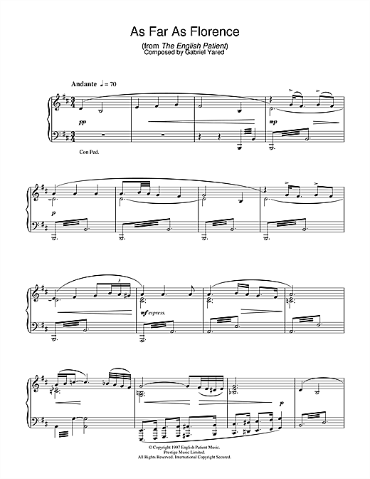 Preview Gabriel Yared As Far As Florence (from The English Patient) Film and TV sheet music, notes and chords for Piano, SKU: 33694 sheet music, piano notes, chords, guitar tabs, score, transpose, transcribe, how to play, guide, download, learn, tutorial, progression, song, artist, awards, billboard, mtv, vh1, tour, single, album, release