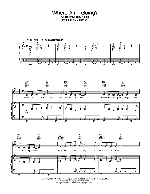 Preview Cy Coleman Where Am I Going? Pop sheet music, notes and chords for Piano, Vocal & Guitar (Right-Hand Melody), SKU: 33695 sheet music, piano notes, chords, guitar tabs, score, transpose, transcribe, how to play, guide, download, learn, tutorial, progression, song, artist, awards, billboard, mtv, vh1, tour, single, album, release
