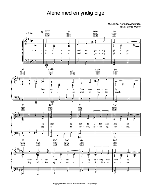 Preview Kai Normann Andersen Alene Med En Yndig Pige Film and TV sheet music, notes and chords for Piano, Vocal & Guitar (Right-Hand Melody), SKU: 33697 sheet music, piano notes, chords, guitar tabs, score, transpose, transcribe, how to play, guide, download, learn, tutorial, progression, song, artist, awards, billboard, mtv, vh1, tour, single, album, release