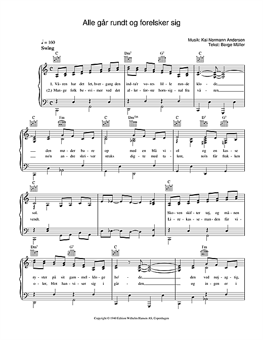 Preview Kai Normann Andersen Alle Går Rundt Og Forelsker Sig Film and TV sheet music, notes and chords for Piano, Vocal & Guitar (Right-Hand Melody), SKU: 33698 sheet music, piano notes, chords, guitar tabs, score, transpose, transcribe, how to play, guide, download, learn, tutorial, progression, song, artist, awards, billboard, mtv, vh1, tour, single, album, release