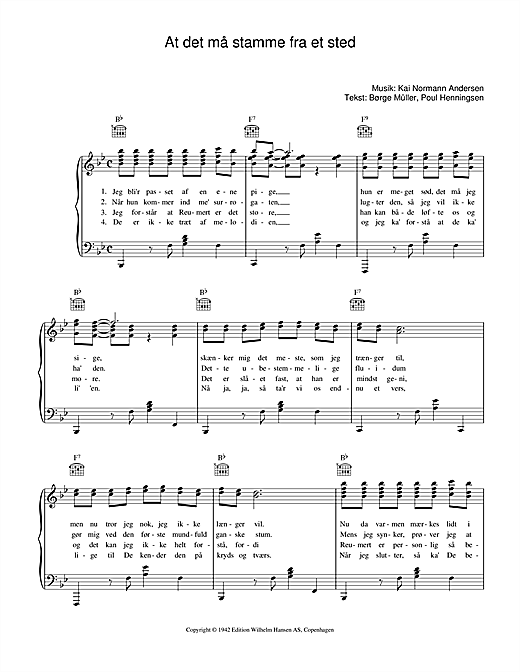 Preview Kai Normann Andersen At Det Må Stamme Fra Et Sted Film and TV sheet music, notes and chords for Piano, Vocal & Guitar (Right-Hand Melody), SKU: 33699 sheet music, piano notes, chords, guitar tabs, score, transpose, transcribe, how to play, guide, download, learn, tutorial, progression, song, artist, awards, billboard, mtv, vh1, tour, single, album, release