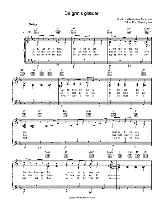 Preview Kai Normann Andersen De Gratis Glæder Film and TV sheet music, notes and chords for Piano, Vocal & Guitar (Right-Hand Melody), SKU: 33701 sheet music, piano notes, chords, guitar tabs, score, transpose, transcribe, how to play, guide, download, learn, tutorial, progression, song, artist, awards, billboard, mtv, vh1, tour, single, album, release
