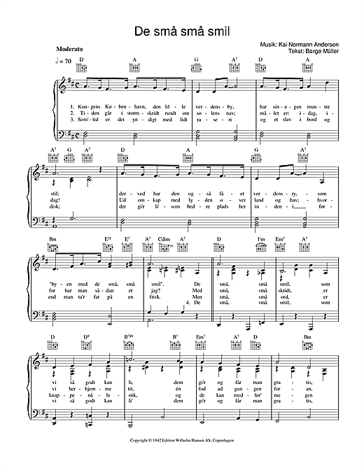 Preview Kai Normann Andersen De Små Små Smil Film and TV sheet music, notes and chords for Piano, Vocal & Guitar (Right-Hand Melody), SKU: 33702 sheet music, piano notes, chords, guitar tabs, score, transpose, transcribe, how to play, guide, download, learn, tutorial, progression, song, artist, awards, billboard, mtv, vh1, tour, single, album, release