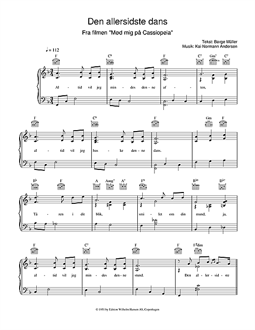 Preview Kai Normann Andersen Den Allersidste Dans Film and TV sheet music, notes and chords for Piano, Vocal & Guitar (Right-Hand Melody), SKU: 33703 sheet music, piano notes, chords, guitar tabs, score, transpose, transcribe, how to play, guide, download, learn, tutorial, progression, song, artist, awards, billboard, mtv, vh1, tour, single, album, release