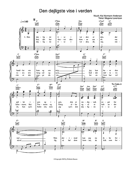 Preview Kai Normann Andersen Den Dejligste Vise I Verden Film and TV sheet music, notes and chords for Piano, Vocal & Guitar (Right-Hand Melody), SKU: 33704 sheet music, piano notes, chords, guitar tabs, score, transpose, transcribe, how to play, guide, download, learn, tutorial, progression, song, artist, awards, billboard, mtv, vh1, tour, single, album, release