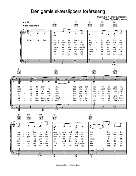 Preview Kai Normann Andersen Den Gamle Skærslippers Forårssang Film and TV sheet music, notes and chords for Piano, Vocal & Guitar (Right-Hand Melody), SKU: 33705 sheet music, piano notes, chords, guitar tabs, score, transpose, transcribe, how to play, guide, download, learn, tutorial, progression, song, artist, awards, billboard, mtv, vh1, tour, single, album, release
