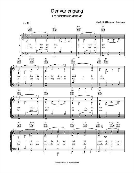 Preview Kai Normann Andersen Der Var Engang Film and TV sheet music, notes and chords for Piano, Vocal & Guitar (Right-Hand Melody), SKU: 33706 sheet music, piano notes, chords, guitar tabs, score, transpose, transcribe, how to play, guide, download, learn, tutorial, progression, song, artist, awards, billboard, mtv, vh1, tour, single, album, release