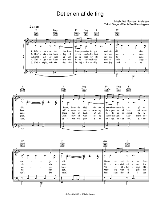 Preview Kai Normann Andersen Det Er En Af De Ting Film and TV sheet music, notes and chords for Piano, Vocal & Guitar (Right-Hand Melody), SKU: 33707 sheet music, piano notes, chords, guitar tabs, score, transpose, transcribe, how to play, guide, download, learn, tutorial, progression, song, artist, awards, billboard, mtv, vh1, tour, single, album, release
