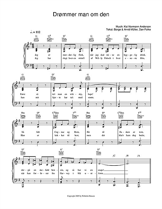 Preview Kai Normann Andersen Drømmer Man Om Den Film and TV sheet music, notes and chords for Piano, Vocal & Guitar (Right-Hand Melody), SKU: 33708 sheet music, piano notes, chords, guitar tabs, score, transpose, transcribe, how to play, guide, download, learn, tutorial, progression, song, artist, awards, billboard, mtv, vh1, tour, single, album, release