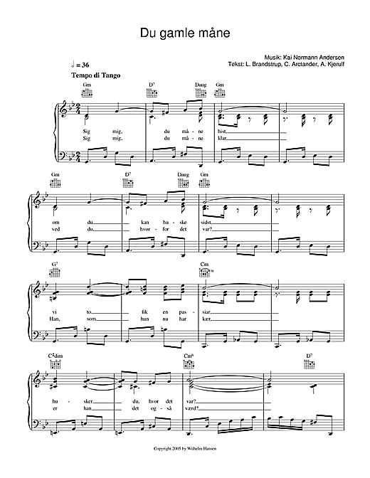 Preview Kai Normann Andersen Du Gamle Måne Film and TV sheet music, notes and chords for Piano, Vocal & Guitar (Right-Hand Melody), SKU: 33709 sheet music, piano notes, chords, guitar tabs, score, transpose, transcribe, how to play, guide, download, learn, tutorial, progression, song, artist, awards, billboard, mtv, vh1, tour, single, album, release