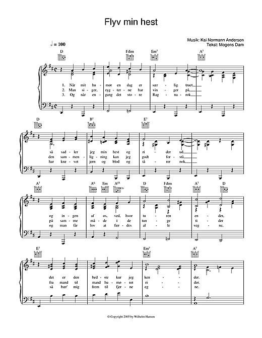Preview Kai Normann Andersen Flyv Min Hest Film and TV sheet music, notes and chords for Piano, Vocal & Guitar (Right-Hand Melody), SKU: 33710 sheet music, piano notes, chords, guitar tabs, score, transpose, transcribe, how to play, guide, download, learn, tutorial, progression, song, artist, awards, billboard, mtv, vh1, tour, single, album, release