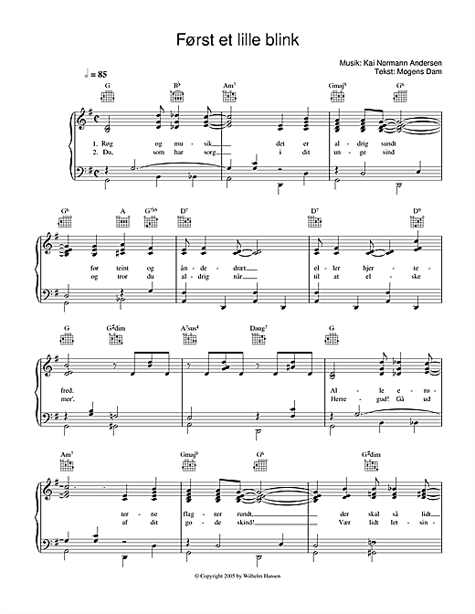 Preview Kai Normann Andersen Først Et Lille Blink Film and TV sheet music, notes and chords for Piano, Vocal & Guitar (Right-Hand Melody), SKU: 33711 sheet music, piano notes, chords, guitar tabs, score, transpose, transcribe, how to play, guide, download, learn, tutorial, progression, song, artist, awards, billboard, mtv, vh1, tour, single, album, release