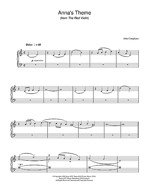 Preview John Corigliano Anna's Theme (from The Red Violin) Film and TV sheet music, notes and chords for Piano, SKU: 33714 sheet music, piano notes, chords, guitar tabs, score, transpose, transcribe, how to play, guide, download, learn, tutorial, progression, song, artist, awards, billboard, mtv, vh1, tour, single, album, release