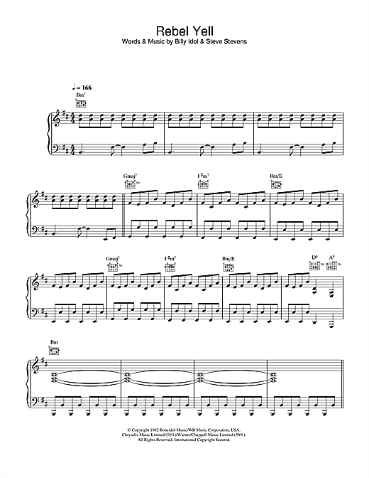 Preview Billy Idol Rebel Yell Pop sheet music, notes and chords for Piano, Vocal & Guitar, SKU: 33715 sheet music, piano notes, chords, guitar tabs, score, transpose, transcribe, how to play, guide, download, learn, tutorial, progression, song, artist, awards, billboard, mtv, vh1, tour, single, album, release