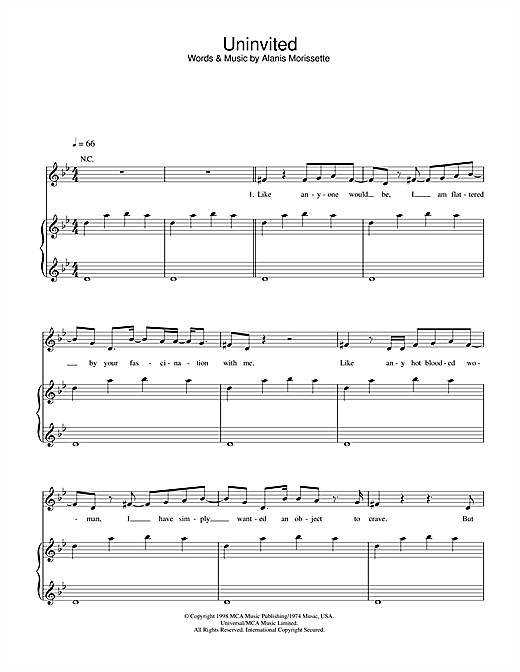 Preview Alanis Morissette Uninvited Pop sheet music, notes and chords for Piano, Vocal & Guitar, SKU: 33716 sheet music, piano notes, chords, guitar tabs, score, transpose, transcribe, how to play, guide, download, learn, tutorial, progression, song, artist, awards, billboard, mtv, vh1, tour, single, album, release