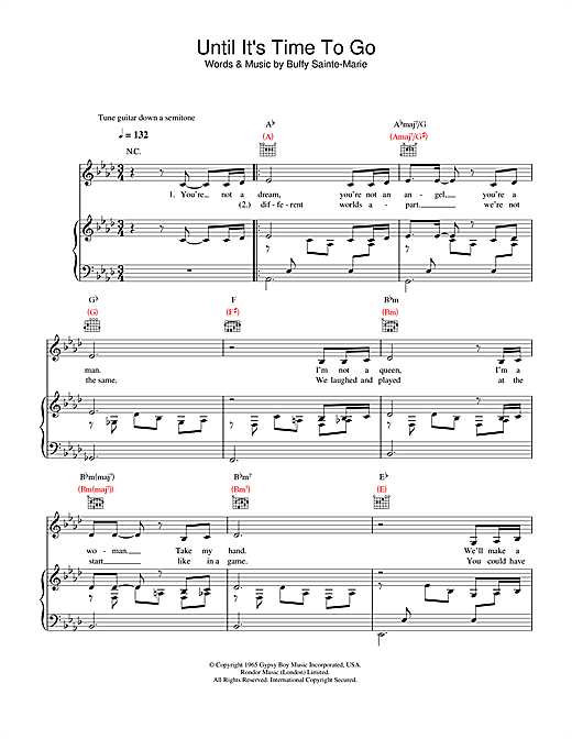 Preview Buffy Sainte-Marie Until It's Time For You To Go Pop sheet music, notes and chords for Piano, Vocal & Guitar (Right-Hand Melody), SKU: 33717 sheet music, piano notes, chords, guitar tabs, score, transpose, transcribe, how to play, guide, download, learn, tutorial, progression, song, artist, awards, billboard, mtv, vh1, tour, single, album, release