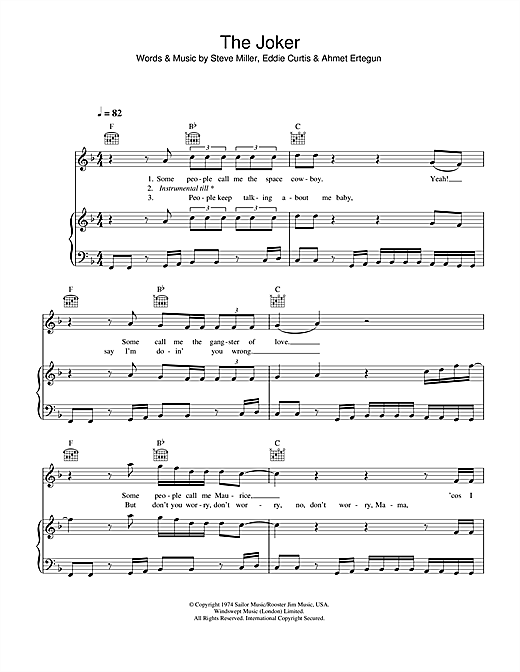 Preview The Steve Miller Band The Joker Rock sheet music, notes and chords for Piano, Vocal & Guitar (Right-Hand Melody), SKU: 33718 sheet music, piano notes, chords, guitar tabs, score, transpose, transcribe, how to play, guide, download, learn, tutorial, progression, song, artist, awards, billboard, mtv, vh1, tour, single, album, release