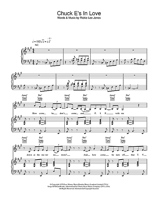 Preview Rickie Lee Jones Chuck E's In Love Pop sheet music, notes and chords for Piano, Vocal & Guitar, SKU: 33721 sheet music, piano notes, chords, guitar tabs, score, transpose, transcribe, how to play, guide, download, learn, tutorial, progression, song, artist, awards, billboard, mtv, vh1, tour, single, album, release