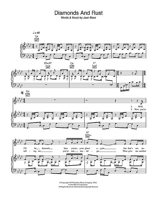 Preview Joan Baez Diamonds And Rust Pop sheet music, notes and chords for Piano, Vocal & Guitar (Right-Hand Melody), SKU: 33722 sheet music, piano notes, chords, guitar tabs, score, transpose, transcribe, how to play, guide, download, learn, tutorial, progression, song, artist, awards, billboard, mtv, vh1, tour, single, album, release