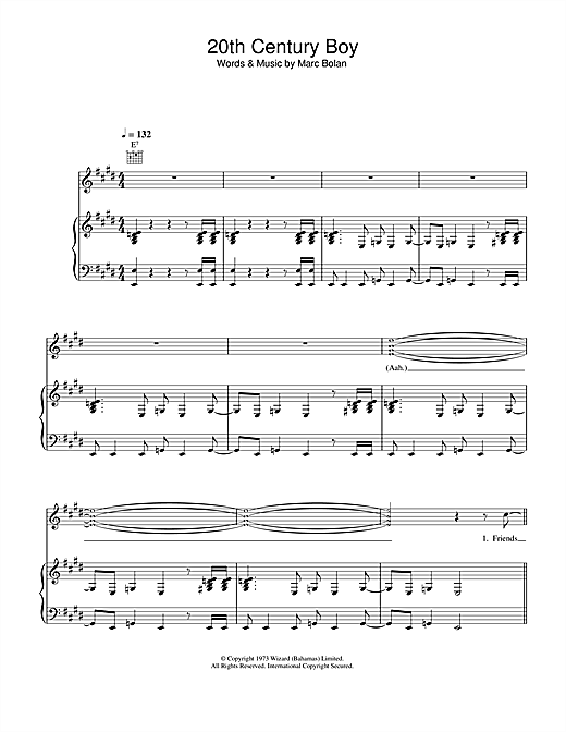 Preview T. Rex 20th Century Boy Rock sheet music, notes and chords for Piano, Vocal & Guitar, SKU: 33724 sheet music, piano notes, chords, guitar tabs, score, transpose, transcribe, how to play, guide, download, learn, tutorial, progression, song, artist, awards, billboard, mtv, vh1, tour, single, album, release