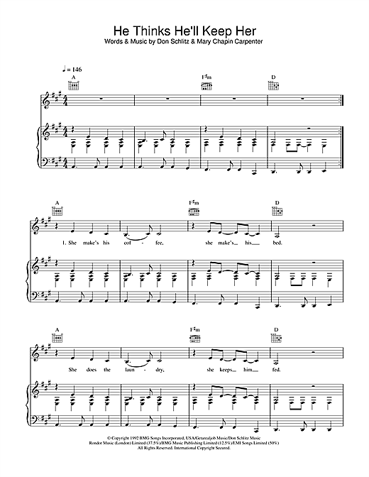 Preview Mary Chapin Carpenter He Thinks He'll Keep Her Pop sheet music, notes and chords for Piano, Vocal & Guitar (Right-Hand Melody), SKU: 33726 sheet music, piano notes, chords, guitar tabs, score, transpose, transcribe, how to play, guide, download, learn, tutorial, progression, song, artist, awards, billboard, mtv, vh1, tour, single, album, release