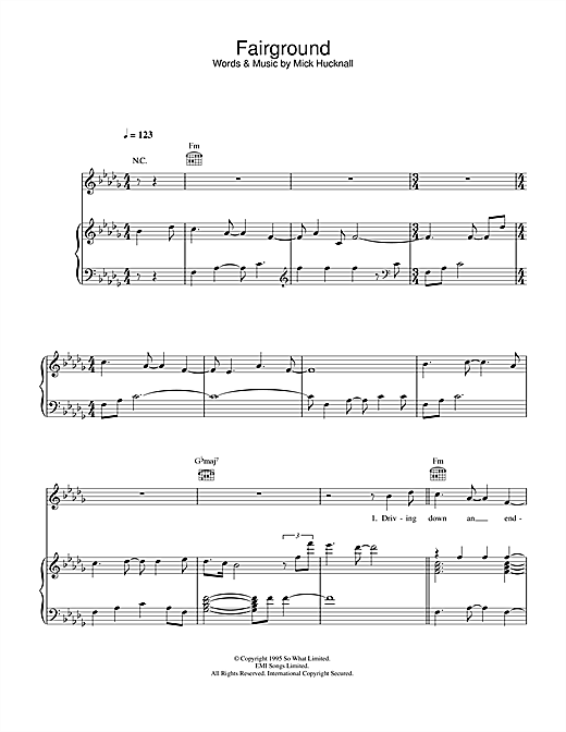 Preview Simply Red Fairground Pop sheet music, notes and chords for Piano, Vocal & Guitar (Right-Hand Melody), SKU: 33727 sheet music, piano notes, chords, guitar tabs, score, transpose, transcribe, how to play, guide, download, learn, tutorial, progression, song, artist, awards, billboard, mtv, vh1, tour, single, album, release