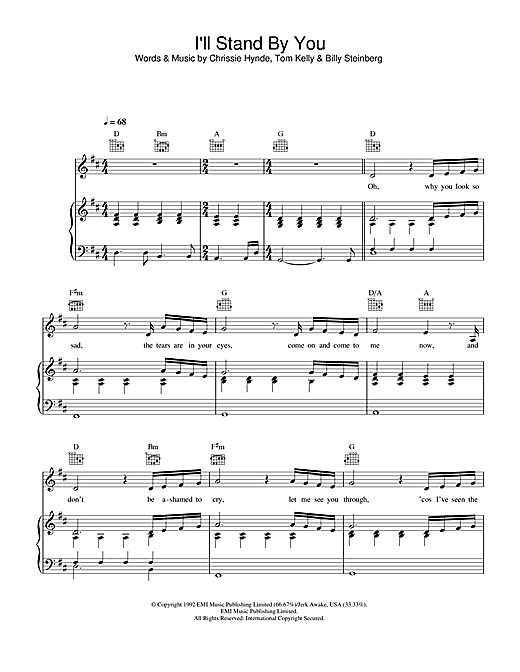 Preview The Pretenders I'll Stand By You Rock sheet music, notes and chords for Piano, Vocal & Guitar (Right-Hand Melody), SKU: 33728 sheet music, piano notes, chords, guitar tabs, score, transpose, transcribe, how to play, guide, download, learn, tutorial, progression, song, artist, awards, billboard, mtv, vh1, tour, single, album, release