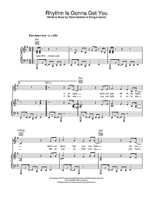 Preview Gloria Estefan Rhythm Is Gonna Get You Pop sheet music, notes and chords for Piano, Vocal & Guitar (Right-Hand Melody), SKU: 33729 sheet music, piano notes, chords, guitar tabs, score, transpose, transcribe, how to play, guide, download, learn, tutorial, progression, song, artist, awards, billboard, mtv, vh1, tour, single, album, release