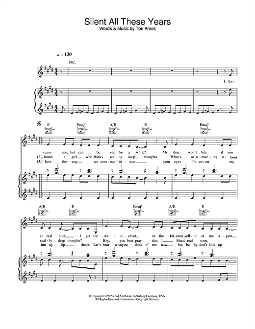 Preview Tori Amos Silent All These Years Pop sheet music, notes and chords for Piano, Vocal & Guitar (Right-Hand Melody), SKU: 33732 sheet music, piano notes, chords, guitar tabs, score, transpose, transcribe, how to play, guide, download, learn, tutorial, progression, song, artist, awards, billboard, mtv, vh1, tour, single, album, release