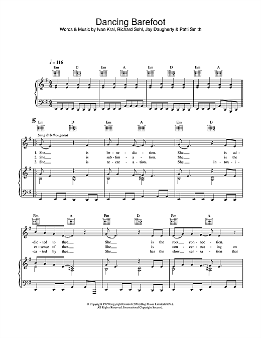 Preview Patti Smith Dancing Barefoot Pop sheet music, notes and chords for Piano, Vocal & Guitar (Right-Hand Melody), SKU: 33734 sheet music, piano notes, chords, guitar tabs, score, transpose, transcribe, how to play, guide, download, learn, tutorial, progression, song, artist, awards, billboard, mtv, vh1, tour, single, album, release