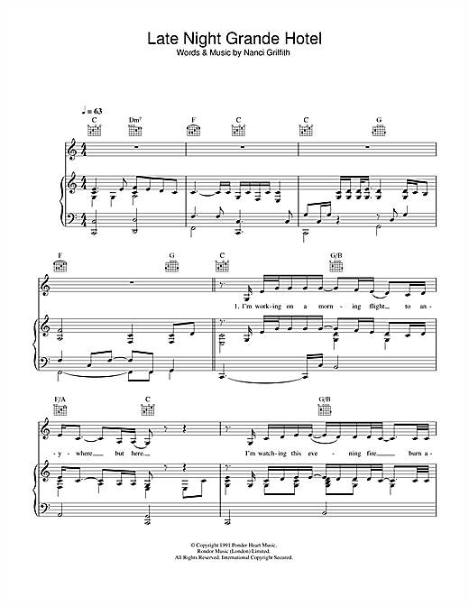 Preview Nanci Griffith Late Night Grande Hotel Country sheet music, notes and chords for Piano, Vocal & Guitar (Right-Hand Melody), SKU: 33735 sheet music, piano notes, chords, guitar tabs, score, transpose, transcribe, how to play, guide, download, learn, tutorial, progression, song, artist, awards, billboard, mtv, vh1, tour, single, album, release