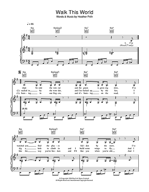 Preview Heather Nova Walk This World Pop sheet music, notes and chords for Piano, Vocal & Guitar (Right-Hand Melody), SKU: 33736 sheet music, piano notes, chords, guitar tabs, score, transpose, transcribe, how to play, guide, download, learn, tutorial, progression, song, artist, awards, billboard, mtv, vh1, tour, single, album, release