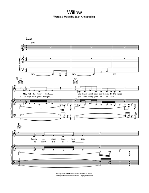 Preview Joan Armatrading Willow Pop sheet music, notes and chords for Piano, Vocal & Guitar (Right-Hand Melody), SKU: 33737 sheet music, piano notes, chords, guitar tabs, score, transpose, transcribe, how to play, guide, download, learn, tutorial, progression, song, artist, awards, billboard, mtv, vh1, tour, single, album, release
