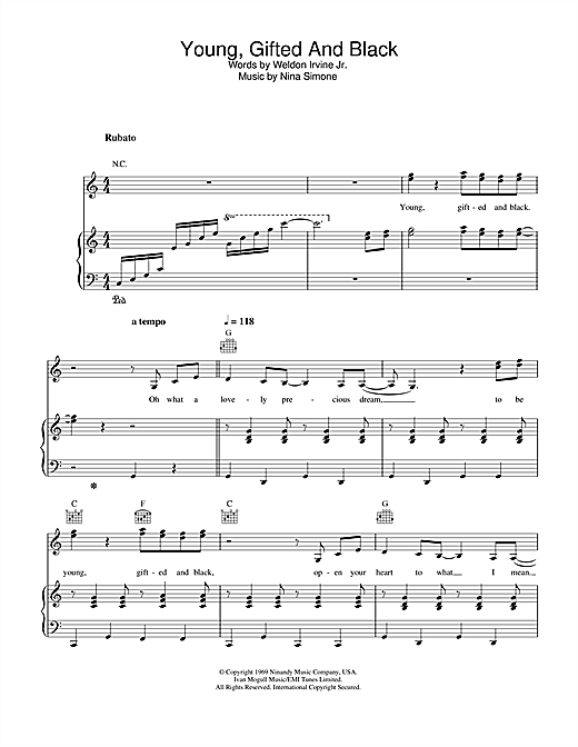 Preview Nina Simone Young, Gifted And Black Jazz sheet music, notes and chords for Piano, Vocal & Guitar, SKU: 33738 sheet music, piano notes, chords, guitar tabs, score, transpose, transcribe, how to play, guide, download, learn, tutorial, progression, song, artist, awards, billboard, mtv, vh1, tour, single, album, release