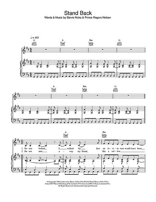 Preview Stevie Nicks Stand Back Rock sheet music, notes and chords for Piano, Vocal & Guitar (Right-Hand Melody), SKU: 33742 sheet music, piano notes, chords, guitar tabs, score, transpose, transcribe, how to play, guide, download, learn, tutorial, progression, song, artist, awards, billboard, mtv, vh1, tour, single, album, release