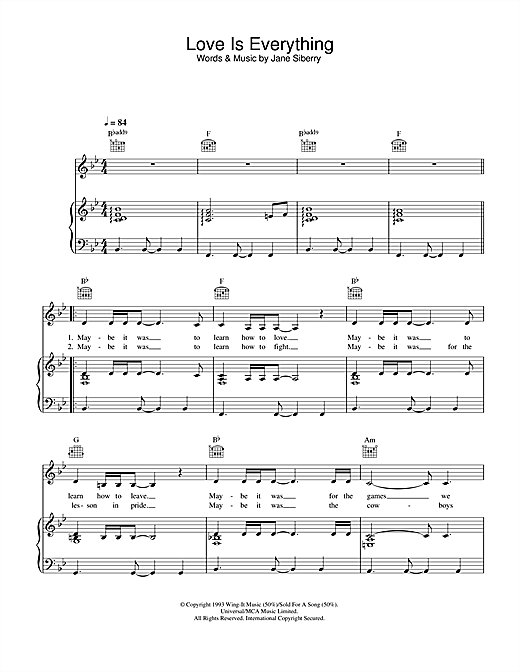 Preview Jane Siberry Love Is Everything Pop sheet music, notes and chords for Piano, Vocal & Guitar (Right-Hand Melody), SKU: 33744 sheet music, piano notes, chords, guitar tabs, score, transpose, transcribe, how to play, guide, download, learn, tutorial, progression, song, artist, awards, billboard, mtv, vh1, tour, single, album, release