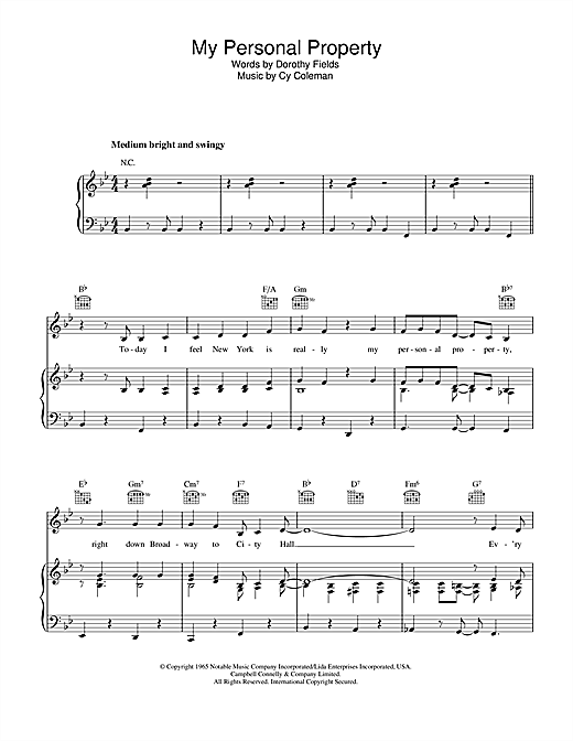 Preview Cy Coleman My Personal Property Pop sheet music, notes and chords for Piano, Vocal & Guitar (Right-Hand Melody), SKU: 33746 sheet music, piano notes, chords, guitar tabs, score, transpose, transcribe, how to play, guide, download, learn, tutorial, progression, song, artist, awards, billboard, mtv, vh1, tour, single, album, release