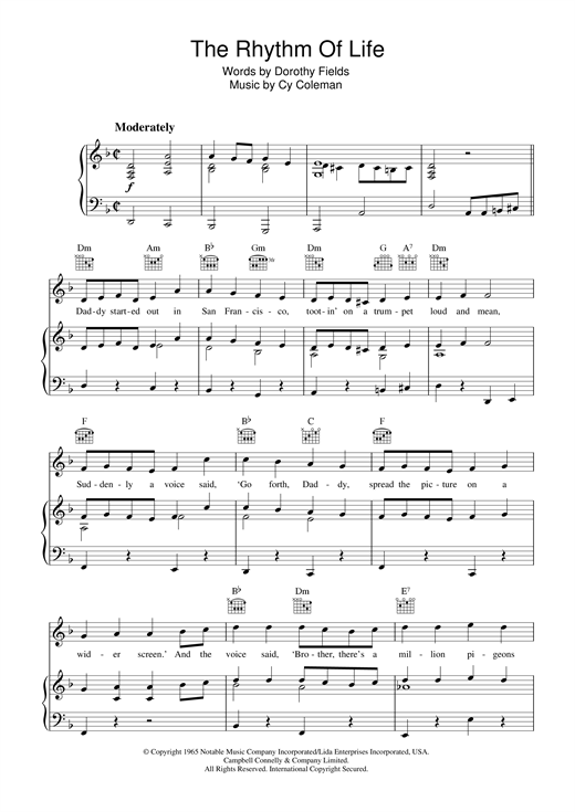 Preview Cy Coleman The Rhythm Of Life Pop sheet music, notes and chords for Piano, Vocal & Guitar (Right-Hand Melody), SKU: 33747 sheet music, piano notes, chords, guitar tabs, score, transpose, transcribe, how to play, guide, download, learn, tutorial, progression, song, artist, awards, billboard, mtv, vh1, tour, single, album, release
