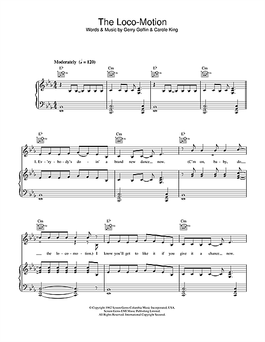 Preview Kylie Minogue The Loco-Motion Pop sheet music, notes and chords for Piano, Vocal & Guitar (Right-Hand Melody), SKU: 33748 sheet music, piano notes, chords, guitar tabs, score, transpose, transcribe, how to play, guide, download, learn, tutorial, progression, song, artist, awards, billboard, mtv, vh1, tour, single, album, release