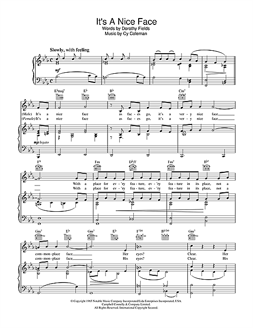 Preview Cy Coleman It's A Nice Face Pop sheet music, notes and chords for Piano, Vocal & Guitar (Right-Hand Melody), SKU: 33749 sheet music, piano notes, chords, guitar tabs, score, transpose, transcribe, how to play, guide, download, learn, tutorial, progression, song, artist, awards, billboard, mtv, vh1, tour, single, album, release