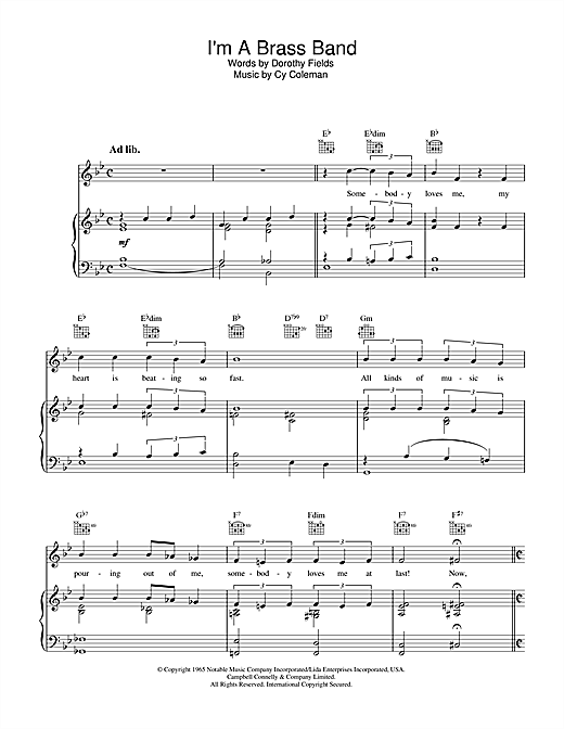 Preview Cy Coleman I'm A Brass Band Pop sheet music, notes and chords for Piano, Vocal & Guitar (Right-Hand Melody), SKU: 33750 sheet music, piano notes, chords, guitar tabs, score, transpose, transcribe, how to play, guide, download, learn, tutorial, progression, song, artist, awards, billboard, mtv, vh1, tour, single, album, release