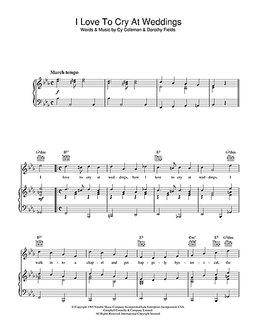Preview Cy Coleman I Love To Cry At Weddings Pop sheet music, notes and chords for Piano, Vocal & Guitar (Right-Hand Melody), SKU: 33752 sheet music, piano notes, chords, guitar tabs, score, transpose, transcribe, how to play, guide, download, learn, tutorial, progression, song, artist, awards, billboard, mtv, vh1, tour, single, album, release