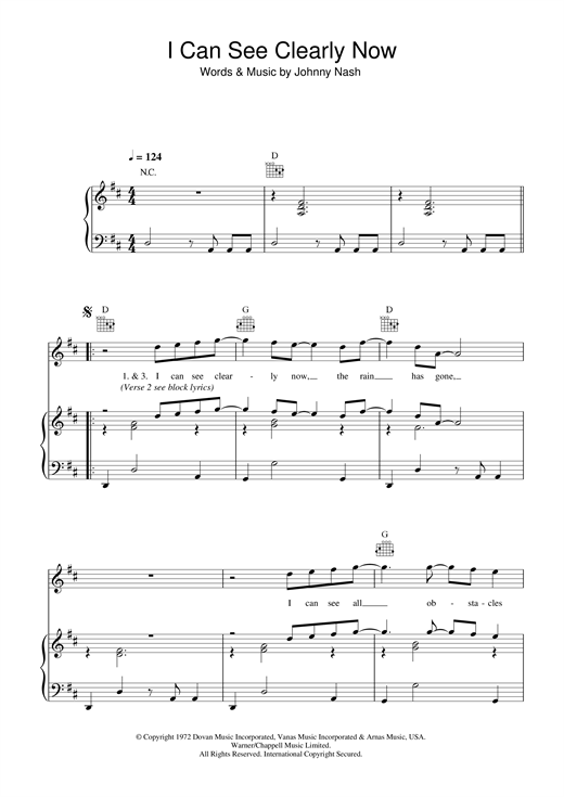 Preview Johnny Nash I Can See Clearly Now Pop sheet music, notes and chords for Piano, Vocal & Guitar (Right-Hand Melody), SKU: 33754 sheet music, piano notes, chords, guitar tabs, score, transpose, transcribe, how to play, guide, download, learn, tutorial, progression, song, artist, awards, billboard, mtv, vh1, tour, single, album, release